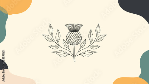 Elegant botanical line art of a single thistle flower with leaves set against a minimalist background with soft abstract organic shapes.
