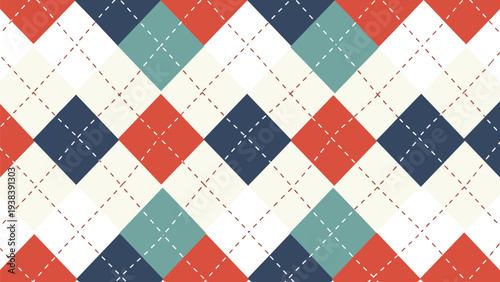 Classic argyle diamond pattern featuring a mix of navy blue, terracotta red, and cream colors with a subtle dashed line texture for textiles.