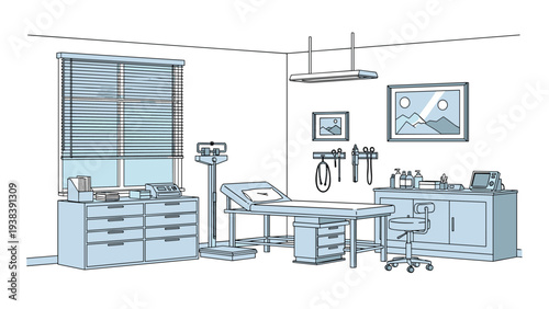 Professional medical examination room interior with an exam table, medical equipment, storage cabinets, and a window with blinds.