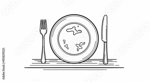 A minimalist line drawing depicts a plate with splatters, fork, and knife on a wooden surface