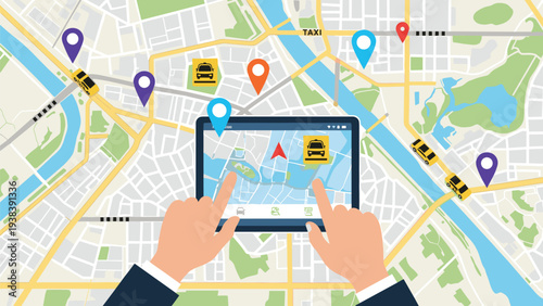 Hands interacting with a digital tablet displaying a city map with taxi location markers and navigation routes for a ride-sharing app.