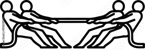 Four stylized people pull on a rope, engaged in a tug-of-war contest