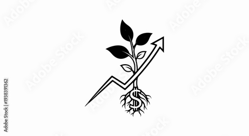 Plant growing from dollar sign with an upward trending arrow