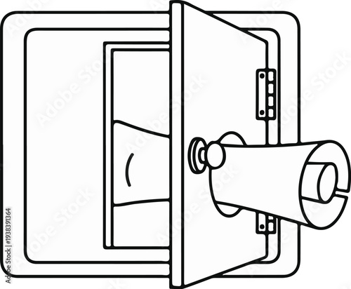 Open door revealing a toilet paper dispenser with a roll of paper