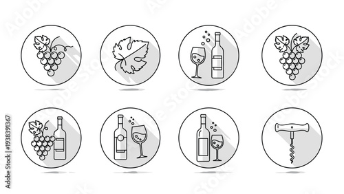 Set of eight circular line art icons featuring various wine-related elements such as grape bunches, glasses, bottles, and a corkscrew.