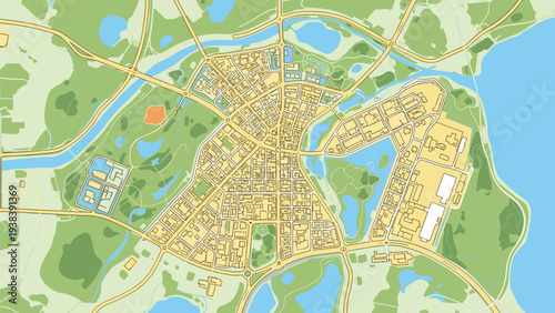 Comprehensive overhead city map illustration showing detailed streets, residential areas, public parks, lakes, and coastal geography.