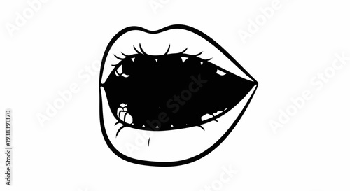 Graphic depiction of an open mouth with teeth and lips, in black and white
