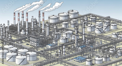 Industrial Chemical Plant with Smokestacks and Storage Tanks.