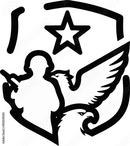 Emblem with soldier, eagle, and star on shield