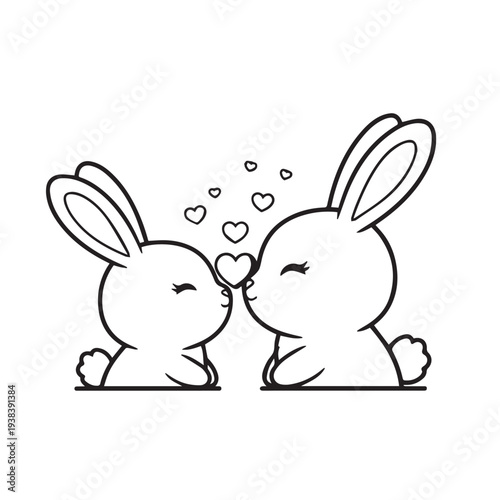Two cuddling rabbits sharing affectionate moment with hearts.