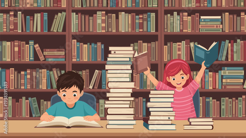Cheerful boy and girl students enjoying reading books while sitting at a table in a library filled with shelves of colorful literature.