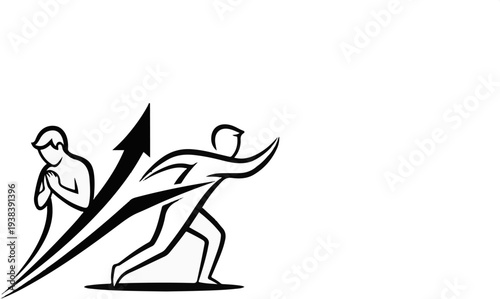 Praying figure propels runner forward in a dynamic upward arrow