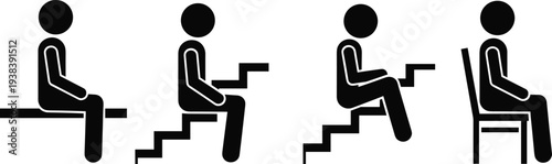 Stair climbing posture icon set, person sitting and stepping on stairs, ergonomic movement guide, workplace safety vector illustration concept