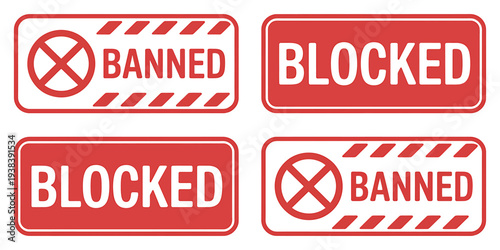 Red and white blocked and banned signs on white background