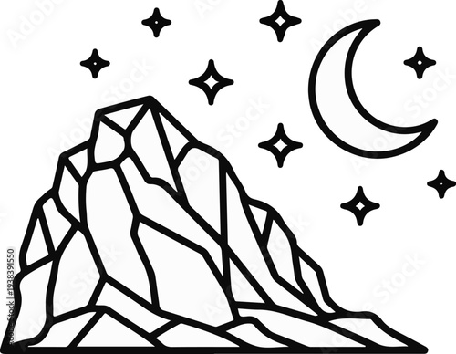 A stylized mountainous landscape under a crescent moon and stars