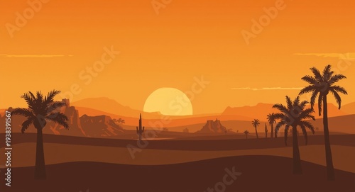 Desert landscape featuring palm tree silhouettes and open sky for text layout with arid theme