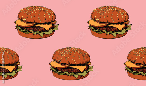 Editable vector seamless pattern with hand drawn cheeseburgers. Retro fast food illustration with sesame buns, cheese, beef patty and lettuce. Burger background for packaging, menu or textile design.