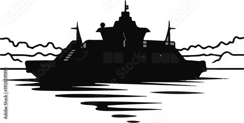 Silhouette of a ferry boat sailing on wavy water with reflection