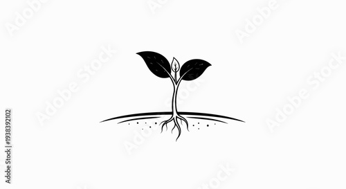 Simple black ink drawing of a young plant sprouting with roots in soil