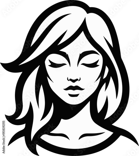 Stylized black and white graphic of a woman's face with closed eyes and flowing hair