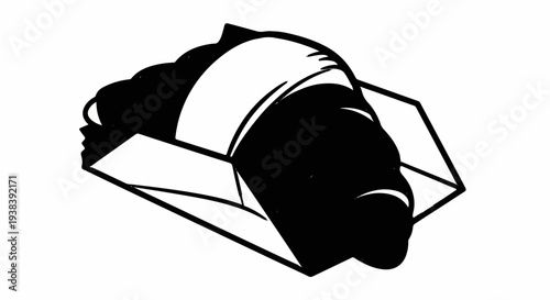 Stylized black and white outline of a croissant in a hexagonal box