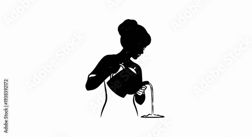 Silhouette of a person with hair in a bun pouring liquid from a container