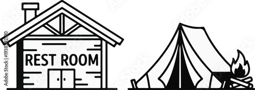 Stylized icon shows a cabin labeled "REST ROOM" and a tent with a campfire