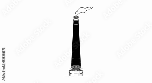 Tall, black, industrial smokestack emitting a plume of white smoke against white