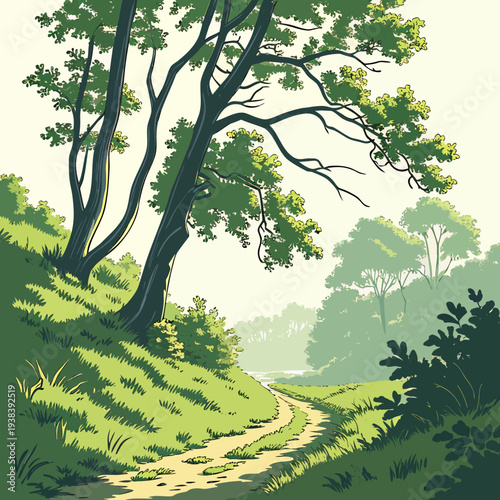 A serene landscape with a winding path through a lush, green forest. Vector