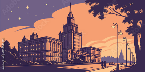 A picturesque sunset over a quaint town with a prominent church steeple Vector