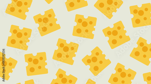 Seamless pattern of yellow swiss cheese slices with holes a light grey background