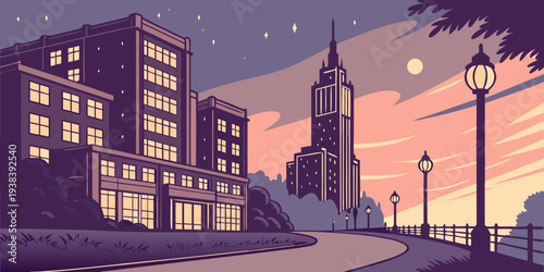 A serene nighttime scene of a residential area with illuminated buildings and a calm atmosphere. Vector