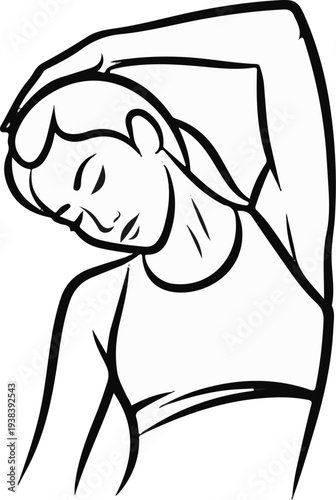 Woman stretching neck with eyes closed, head tilted to the side