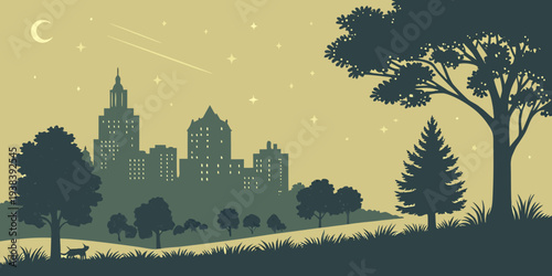 Ancient castle under the starry night sky with a forest in the foreground Vector