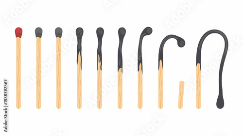 Sequence of wooden matches showing progression from unused to burnt and bent shapes