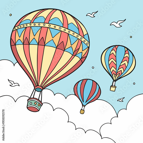 Three colorful hot air balloons floating above a fluffy cloud landscape Vector