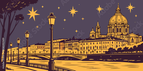 Aerial view of a beautifully illuminated city at night with a prominent building in the center. Vector