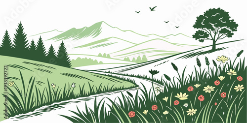 A serene and picturesque countryside landscape with a winding path and lush greenery Vector