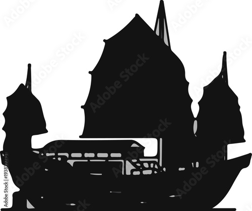 Silhouette of an ancient, multi-sailed vessel, majestic and dark