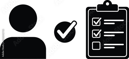 User profile verification checklist icon set, approved account validation and task list management concept for business workflow vector
