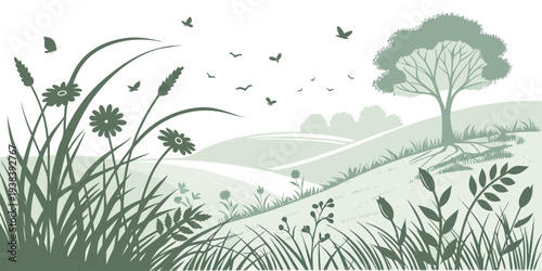 A serene landscape with tall grass and a distant tree under a clear sky Vector