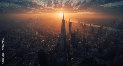 Dawn light enveloping tower...