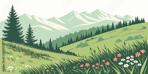 A serene landscape of rolling hills covered in lush green grass and dotted with trees. Vector