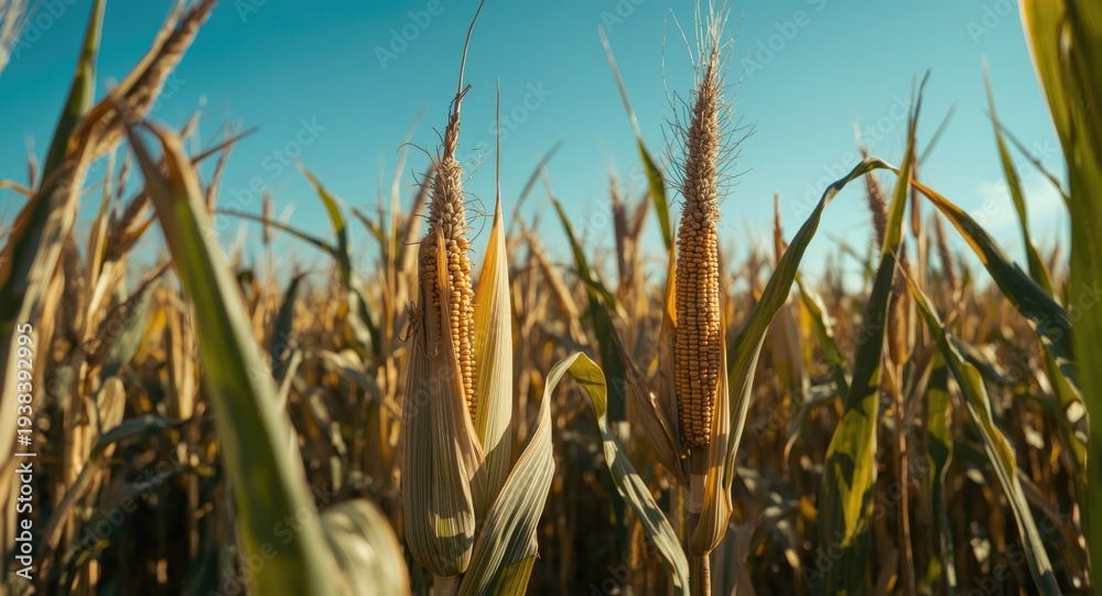 Obraz premium Close up image of golden corn cobs on stalks in a flourishing field against a bright blue sky showcasing crop maturity and harvest period