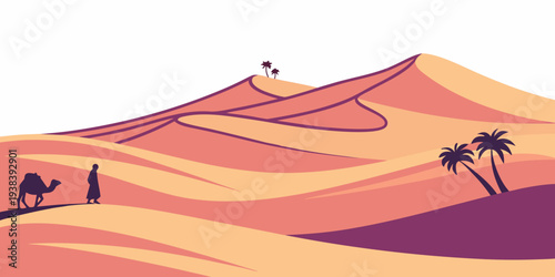 A serene desert landscape with camels and palm trees under a clear sky Vector