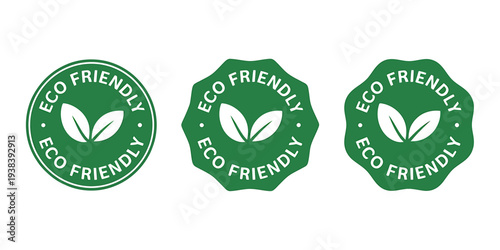 Eco friendly green badges with leaf icons and text on white background