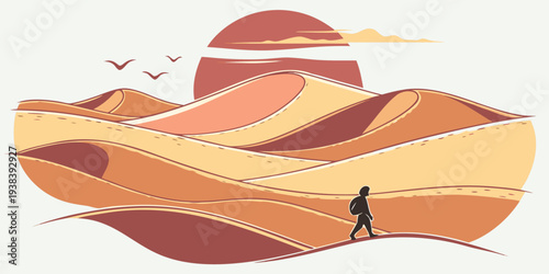 A lone traveler embarks on a journey across vast, sunlit desert dunes. Vector
