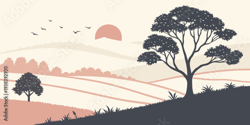 A serene landscape with trees and distant hills under a pastel sky Vector