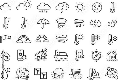  Weather Vector Line Icons – Rain, Storm, Wind and Temperature. Linear icon collection. Editable stroke. Vector illustration