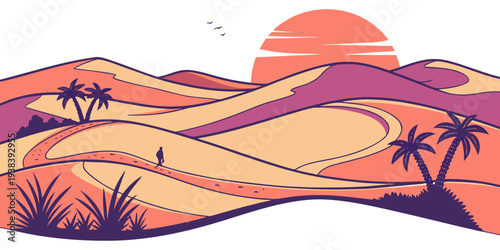 A vibrant desert landscape with rolling dunes and distant mountains under a clear sky. Vector